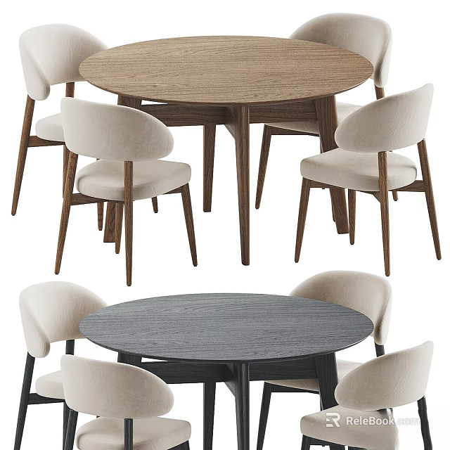Table And Chair Set With Light And Dark Wood Tables Upholstered Beige Chairs Wooden Legs 3d model 