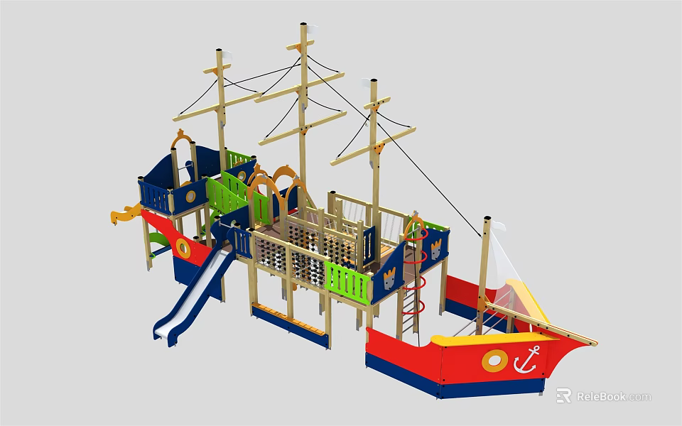 Ship Shaped Outdoor Playground Equipment With Slide Climbing Net And Colorful Design 3d model 