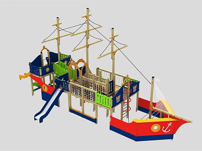 Ship Shaped Outdoor Playground Equipment With Slide Climbing Net And Colorful Design 3d model