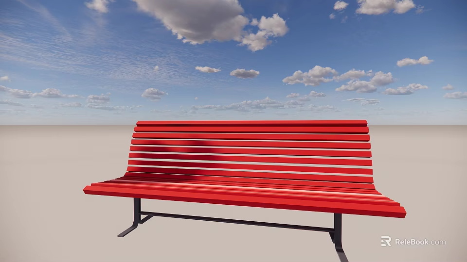 Scenic Park Landscape With Red Wooden Bench Under Blue Sky And White Clouds 3d model 