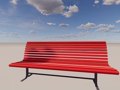 Scenic Park Landscape With Red Wooden Bench Under Blue Sky And White Clouds 3d model