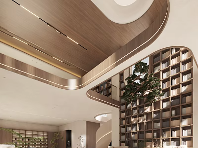 Modern Hotel Lobby Interior With Curved Wooden Ceiling And Large Bookshelf Wall 3d model