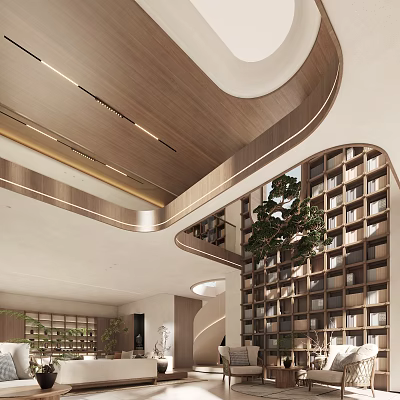 Modern Hotel Lobby Interior With Curved Wooden Ceiling And Large Bookshelf Wall 3d model