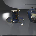 Elegant Dark Blue Teacup with Gold Patterns on Saucer and Matching Lidded Container