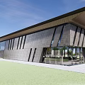 Modern Sales Office Building Exterior Design With Sloped Roof Large Glass Wall And Lawn Path