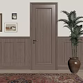 Cozy Interior With Wooden Hinged Door Framed Art Palm Plant And Patterned Rug