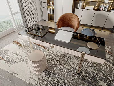 Stylish Modern Desk With Black Surface Metal Legs Laptop Brown Chair And Scenic Window 3d model