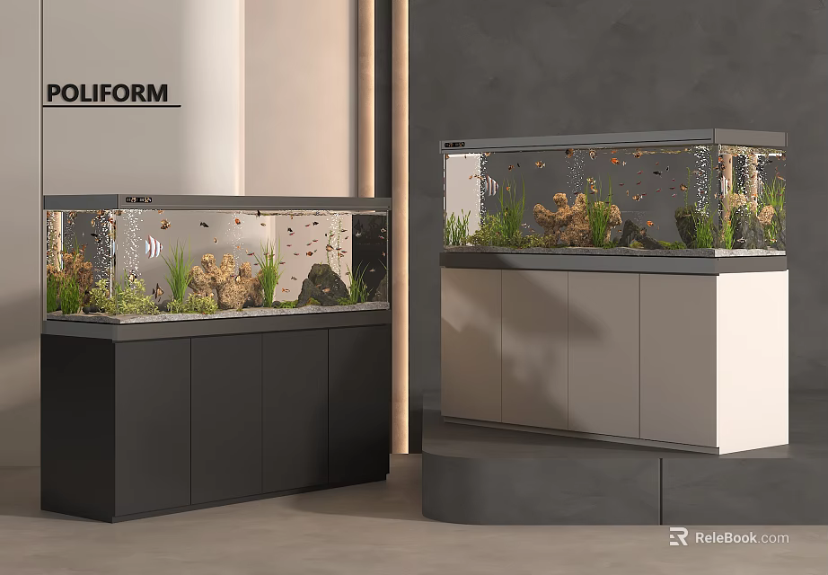 Modern Home Aquariums With Aquatic Plants Fish And Cabinet Stands 3d model 