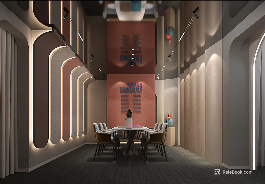 Modern Taco Burger Eatery Interior With Long Dining Table Chairs And Wall Sign 3d model 