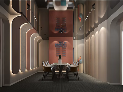 Modern Taco Burger Eatery Interior With Long Dining Table Chairs And Wall Sign 3d model