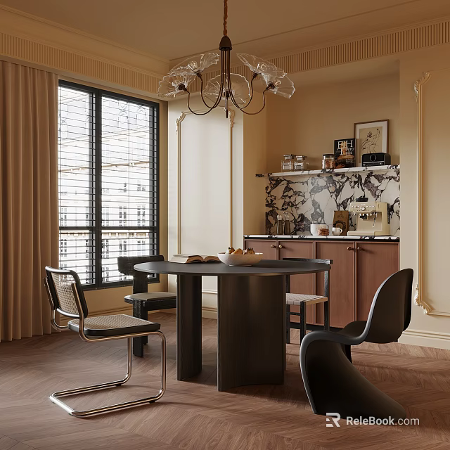 Elegant Dining Room Interior Design With Round Table Black Chairs Chandelier And Patterned Wall 3d model