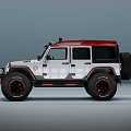 White Off Road Car With Red Roof Rack Roof Lights Large Tires And Black Wheels