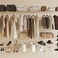 Neutral Toned Hanging Clothes Collection With Coats Dresses Bags Shoes And Hats