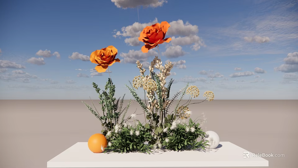 Orange Roses Green Plants White Flowers Orange And White Spheres On White Platform Blue Sky 3d model 