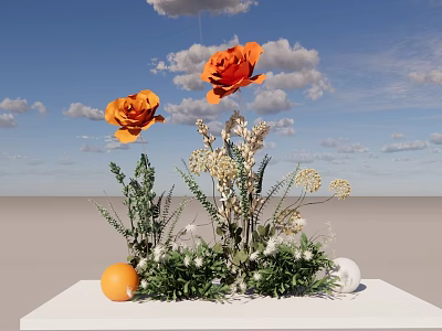 Orange Roses Green Plants White Flowers Orange And White Spheres On White Platform Blue Sky 3d model
