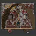 Abandoned Industrial Interior Scene With Red Peeling Walls Sunken Areas And Metal Structures