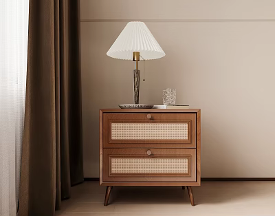 Wooden Bedroom Nightstand With Two Drawers Table Lamp And Glass Cup Near Brown Curtains 3d model