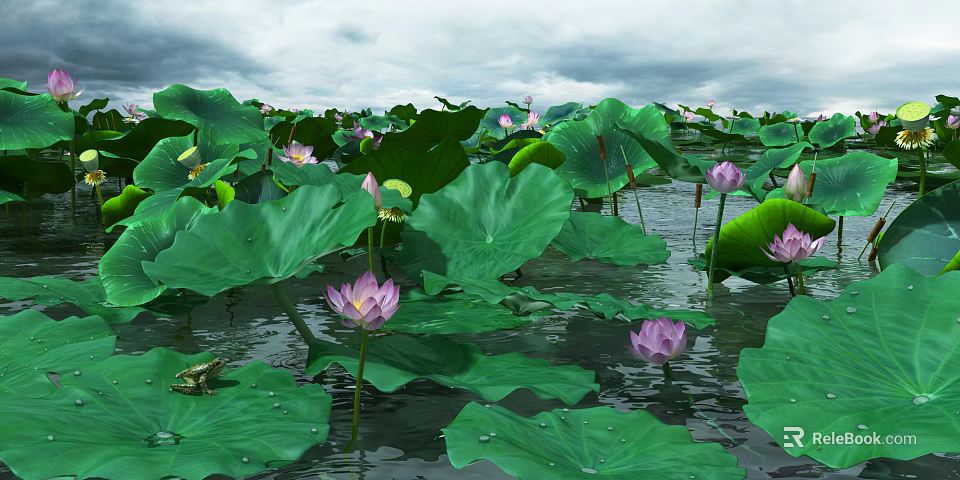 Tranquil Natural Lotus Pond Scenery With Lush Green Leaves And Pink Flowers 3d model 