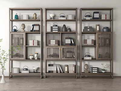 Traditional Wooden Curio Shelves Displaying Vases Teacups Books And Decorative Items 3d model