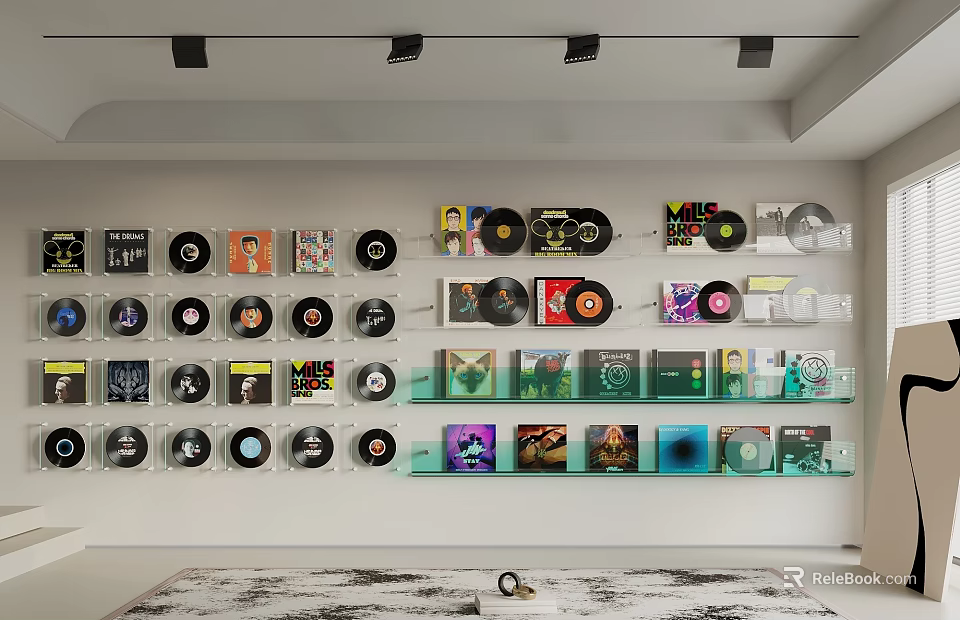Organized Vinyl Records And CD Collection On Decorative Wall Mounted Glass Shelves 3d model 