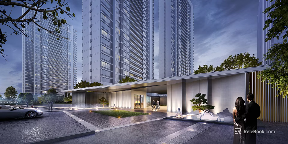 Modern High Rise Building Facade With Glass Curtain Wall Lighting And Surrounding Greenery Design 3d model 