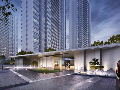 Modern High Rise Building Facade With Glass Curtain Wall Lighting And Surrounding Greenery Design 3d model