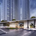 Modern High Rise Building Facade With Glass Curtain Wall Lighting And Surrounding Greenery Design