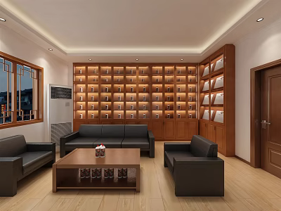 Modern Hotel Public Lounge Area With Wooden Bookshelf Wall Black Sofas And Coffee Table 3d model
