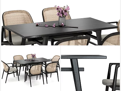 Modern Dining Table Set With Wicker Back Chairs And Black Sleek Tabletop Design 3d model