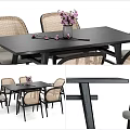 Modern Dining Table Set With Wicker Back Chairs And Black Sleek Tabletop Design 3d model