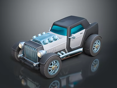 Cartoon Retro Style Car With Exposed Engine Black Silver Body And Large Wheels 3d model
