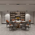 Modern Restaurant Interior With Dining Table Chairs Decorative Wall And Display Cabinets