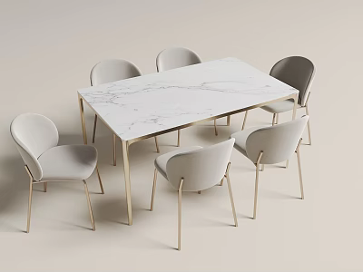 Modern Minimalist Table and Chairs Set With Marble Tabletop Upholstered Chairs And Gold Metal Legs 3d model