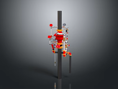Industrial Equipment Structure Featuring Red Yellow Components And Black Pillar With Pipes 3d model
