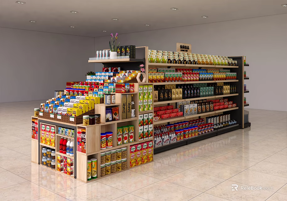 Neatly Arranged Multi Tiered Display Shelves With Canned Goods Bottled Drinks And Snacks 3d model 