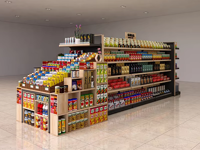 Neatly Arranged Multi Tiered Display Shelves With Canned Goods Bottled Drinks And Snacks 3d model