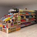 Neatly Arranged Multi Tiered Display Shelves With Canned Goods Bottled Drinks And Snacks