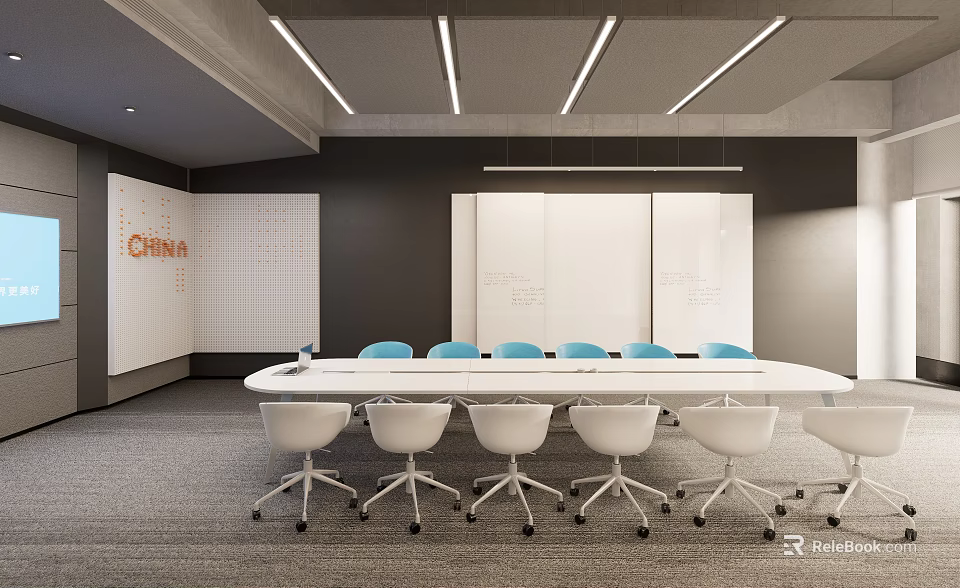 Modern Conference Room With Long Table White Chairs Blue Seats And Whiteboards 3d model 