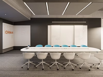 Modern Conference Room With Long Table White Chairs Blue Seats And Whiteboards 3d model