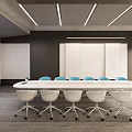 Modern Conference Room With Long Table White Chairs Blue Seats And Whiteboards