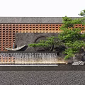 Landscape Wall With Perforated Brick Design Circular Accent Waterfall Feature And Pine Tree 3d model