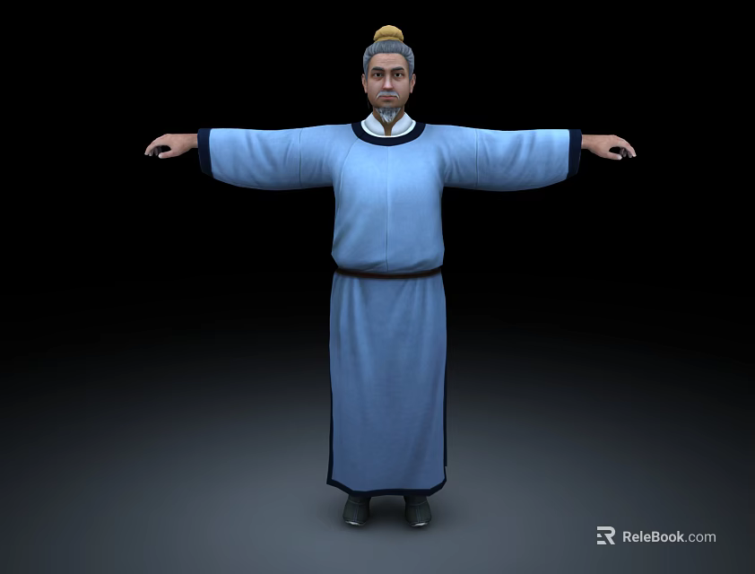 Man In Traditional Blue Robe With Belt Standing Arms Outstretched On Black Background 3d model 