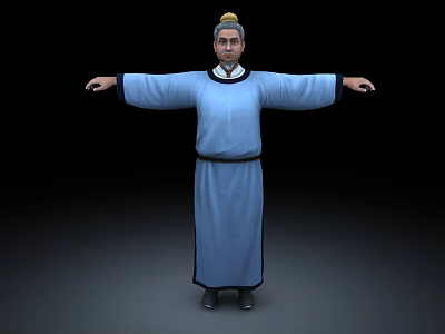 Man In Traditional Blue Robe With Belt Standing Arms Outstretched On Black Background 3d model