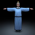 Man In Traditional Blue Robe With Belt Standing Arms Outstretched On Black Background