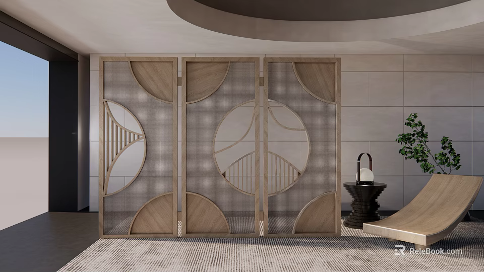 Contemporary Decorative Room Divider With Geometric Patterns Wooden Frame And Grid Design In Modern Interior 3d model 