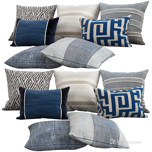 Blue And White Decorative Pillows With Geometric Patterns And Textured Fabrics 3d model