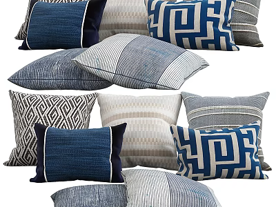 Blue And White Decorative Pillows With Geometric Patterns And Textured Fabrics 3d model