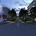 Commercial Street Night View With Lush Green Plants Surrounding Modern Buildings And Warm Lighting