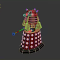 Red Metallic Robot Figure With Gold Spherical Bumps And Protruding Arm