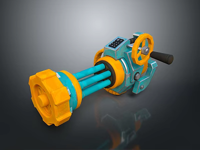 Blue and Yellow Mechanical Weapon With Futuristic Sci-Fi Wheel Handle And Pipes 3d model